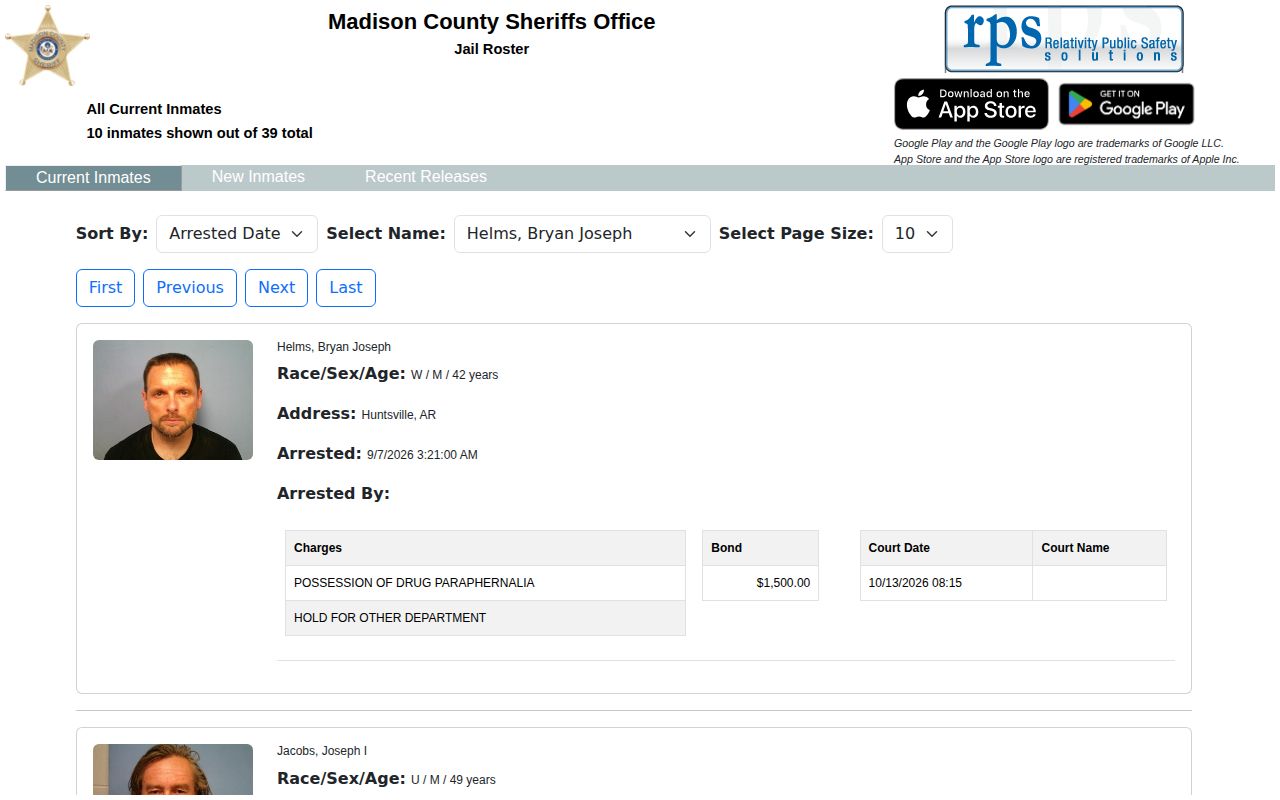 Madison County Current Inmates roster interface