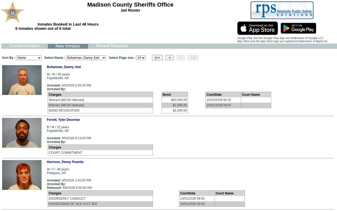 Madison County New Inmates recent arrest report interface