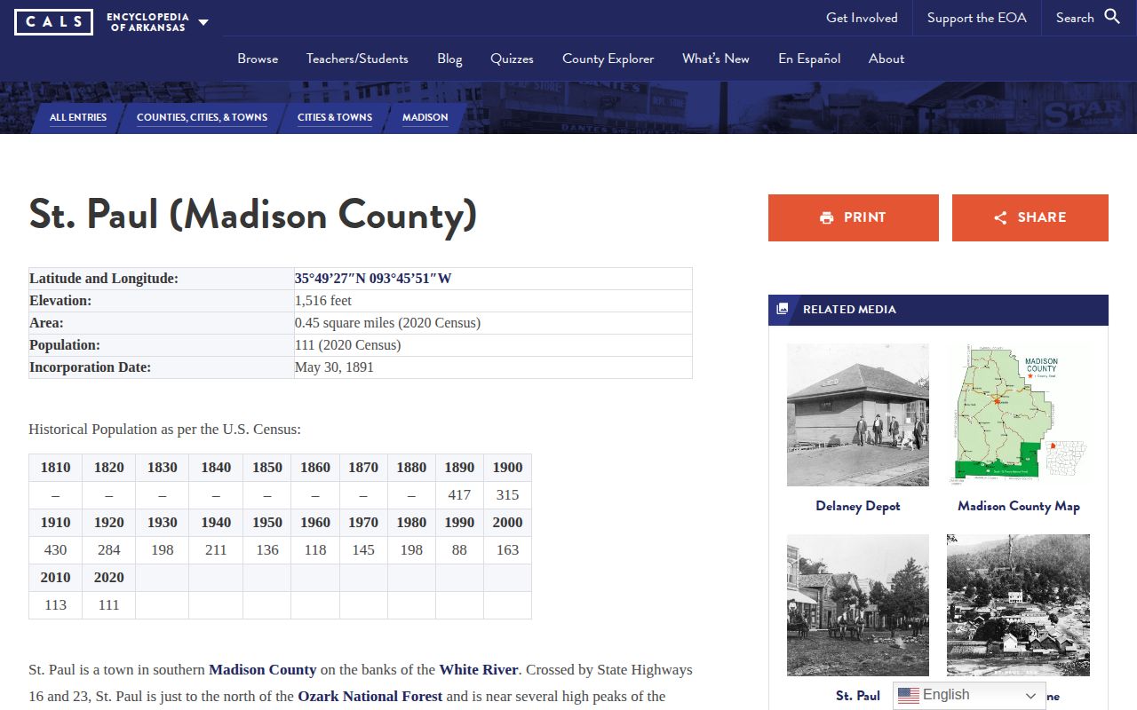 Encyclopedia of Arkansas St. Paul Madison County town entry